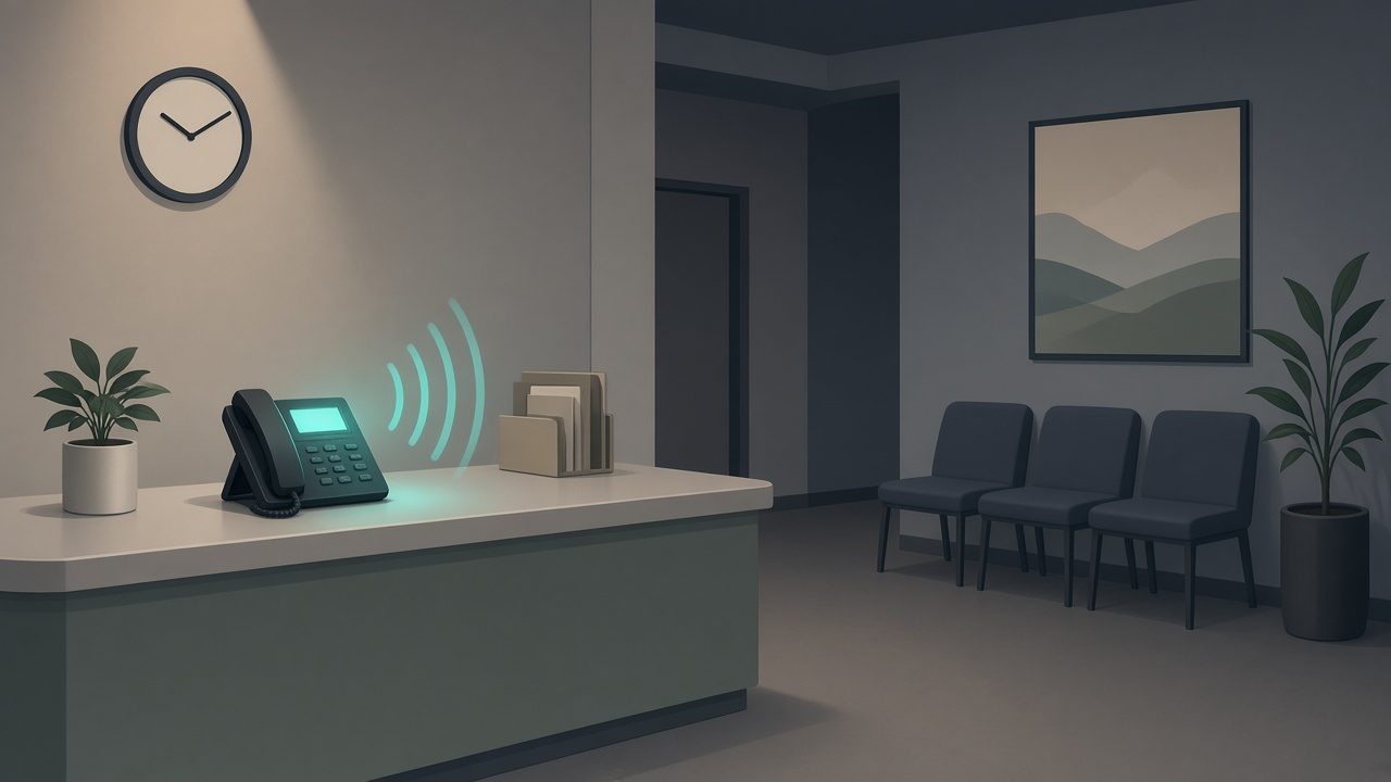 A clinic reception desk after hours with the phone answered by an AI receptionist